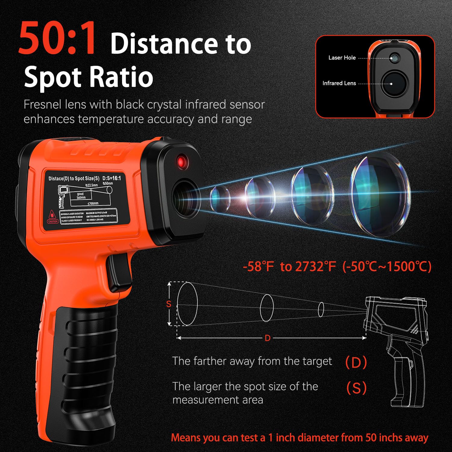 -58°F to 2732°F Infrared Thermometer Temperature Gun with Thermocouple Probe, 50:1 Laser
