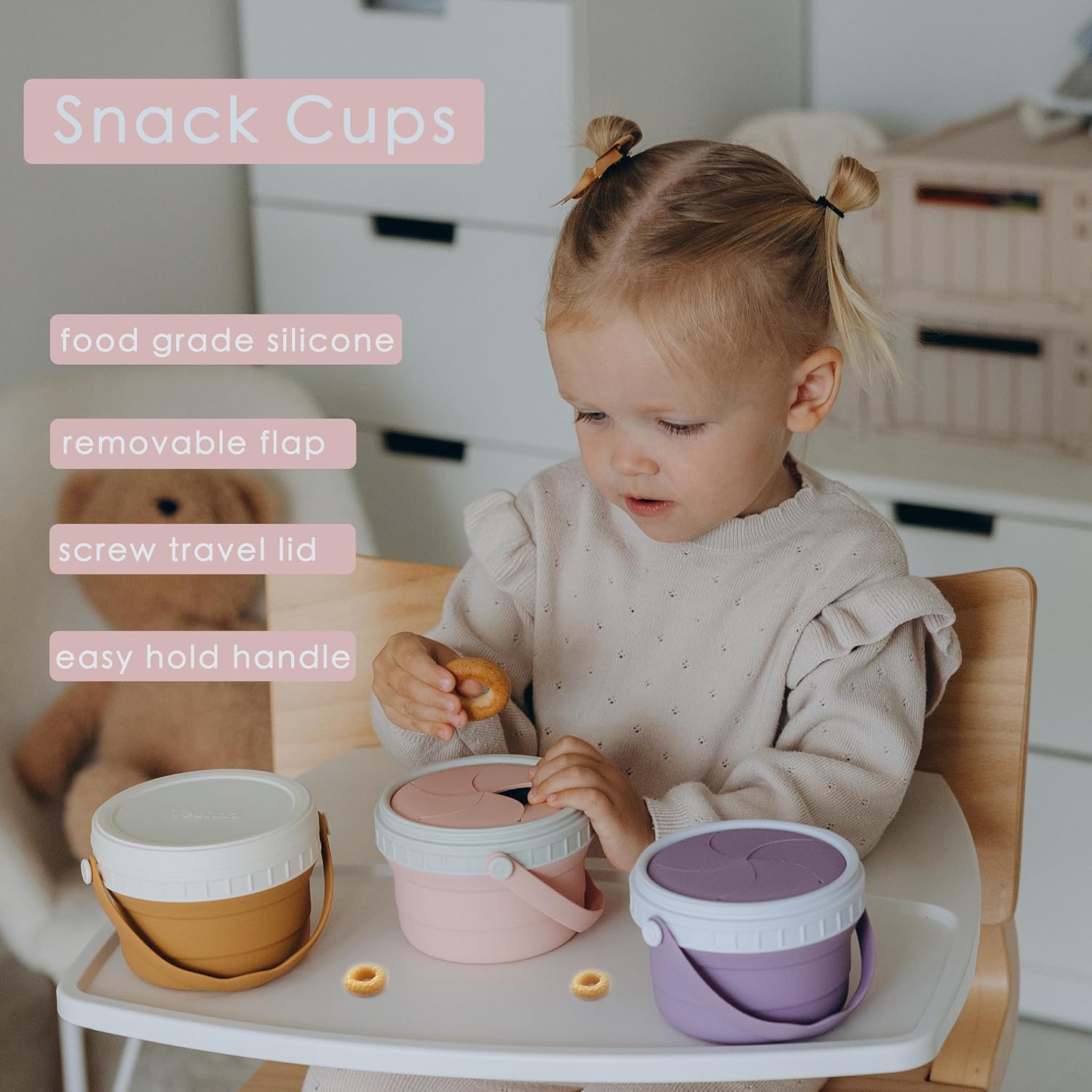 No Spill Silicone Toddler Snack Containers, Detachable Silicone Flap for Filling&Cleaning