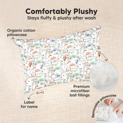 Mini Toddler Pillow with Pillowcase - 9x13 My Little Dreamy Travel Kids Pillow for Sleeping, Toddler Bed, Small, Tiny, Organic Cotton Pillowcase, Soft & Breathable, Kids 2-4 Years Old (Roadway)