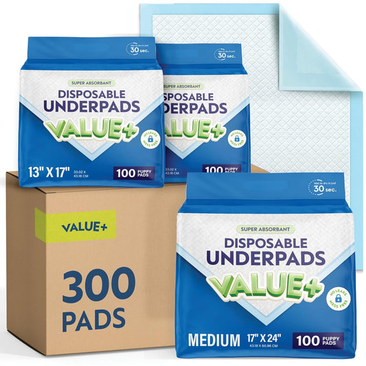 Disposable Chucks Pads [300 Pack - 17x24] Diaper Changing Pad Incontinence Bed Underpads for Baby, Dog & Puppy Pee Pads - Small Waterproof Blue Chux for Medical, Beds, Pet Crate Liners & Travel