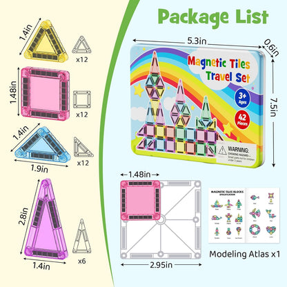 Magnetic Tiles Travel Toys for Kids 4-8, 42PCS Candy Color STEM Building Blocks with Visual Storage Guide & Metal Case, Airplane Activities & Toddler Travel Essentials Ages 3-5