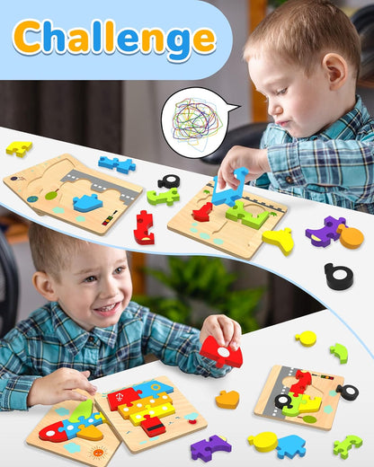 Yetonamr Wooden Toddler Puzzles Gifts Toys for 1 2 3 Years Old Boys Girls, 4 Vehicle Shape Montessori Toy Educational Blocks Kids Toys Gift Baby Learning Toy Age 1-3, 2-4