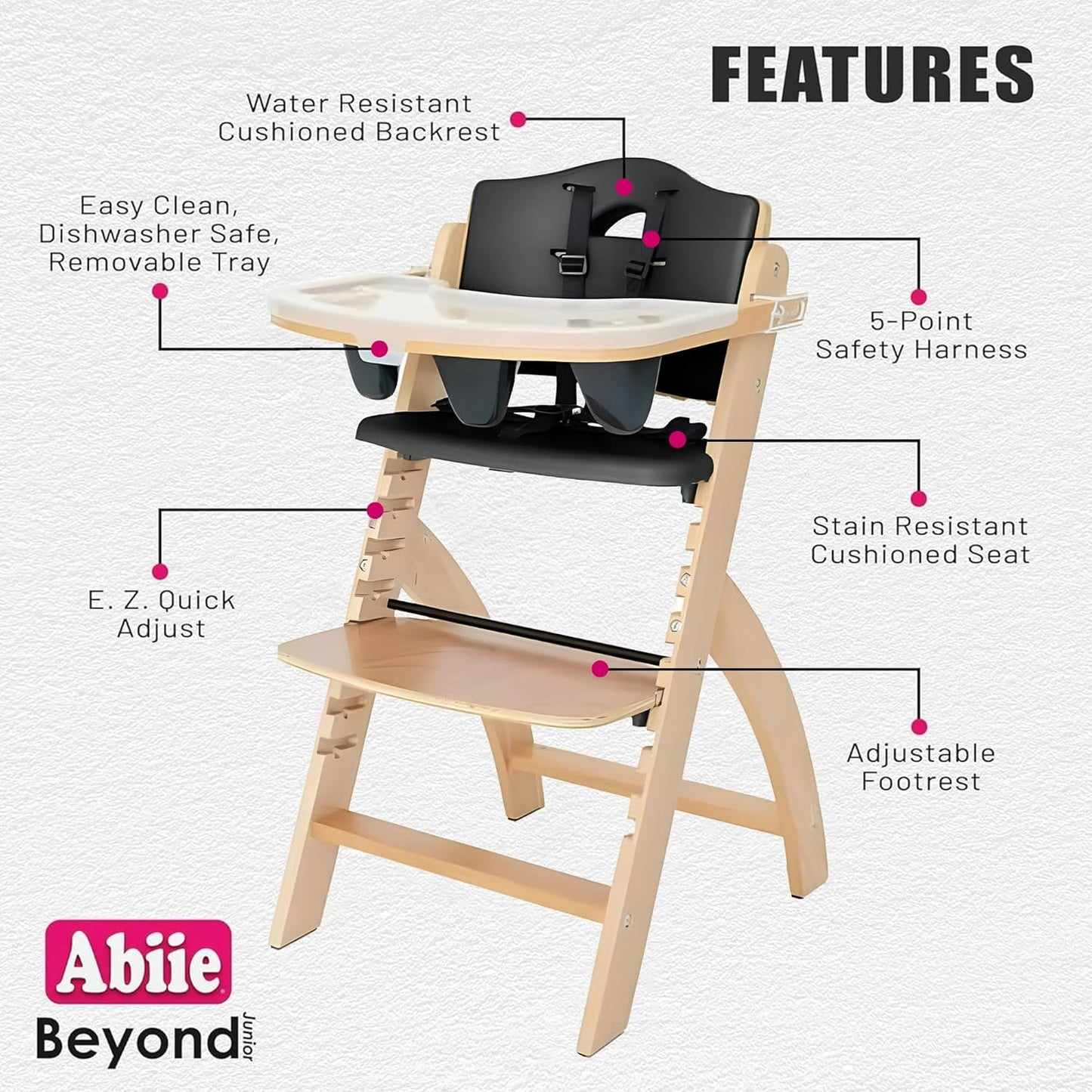 Abiie Beyond Junior Wooden High Chair with Tray - Adjustable and Convertible High Chair for Babies