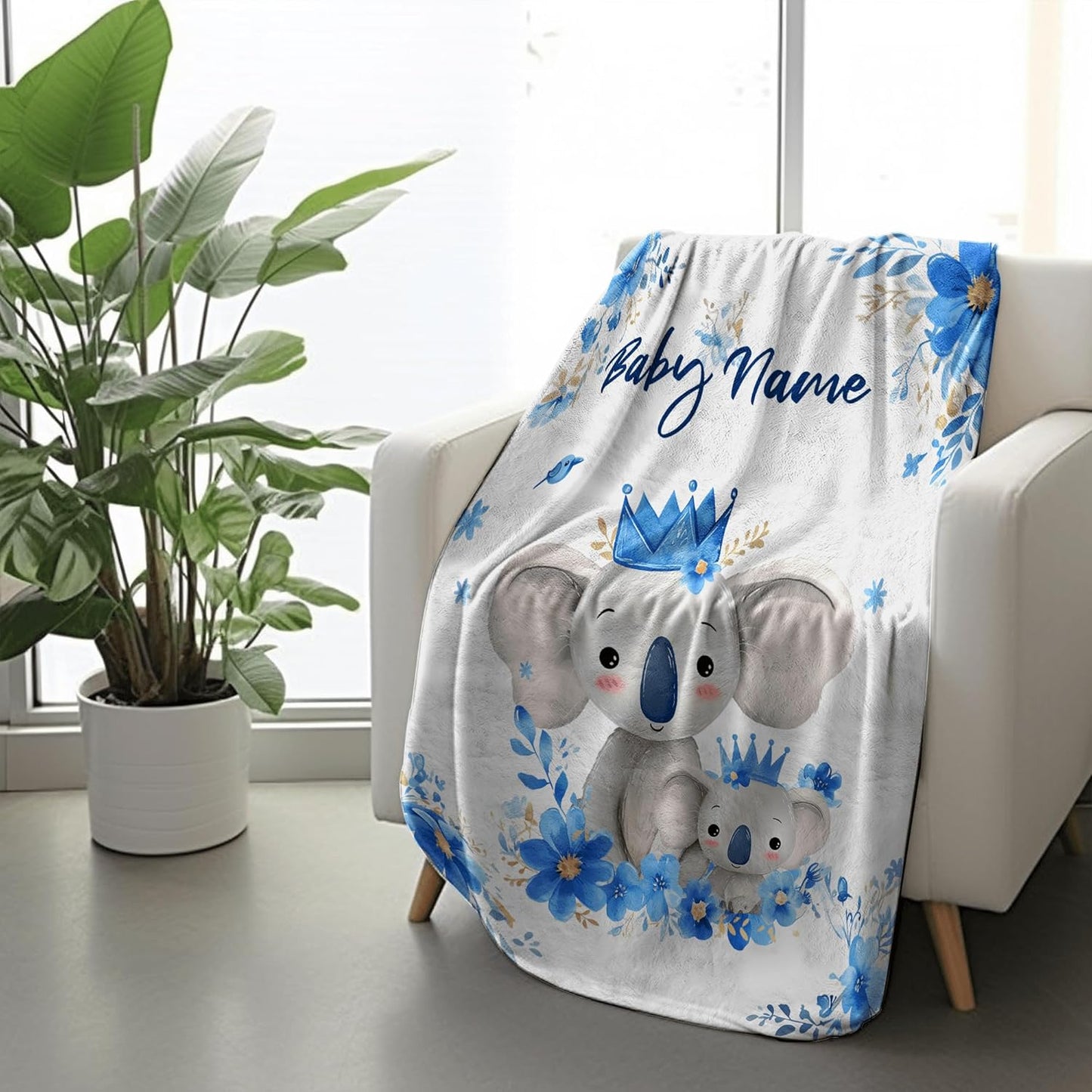 Watercolor Koala Personalized Boy Baby Blanket, Custom Baby Throw Blanket with Name for Newborn Son Daughter Grandson Granddaughter Toddler Birthday Bed Blanket