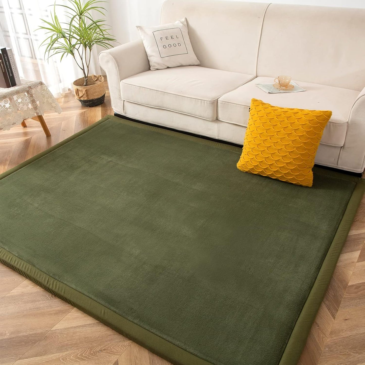 MAXYOYO Coral Velvet Area Rug, Thick Japanese Tatami Mat Living Room Carpet with Non-Slip Backing, Large Solid Color Mat for Bedroom Dormitory Yoga, Olive Green, 78 by 158 inch