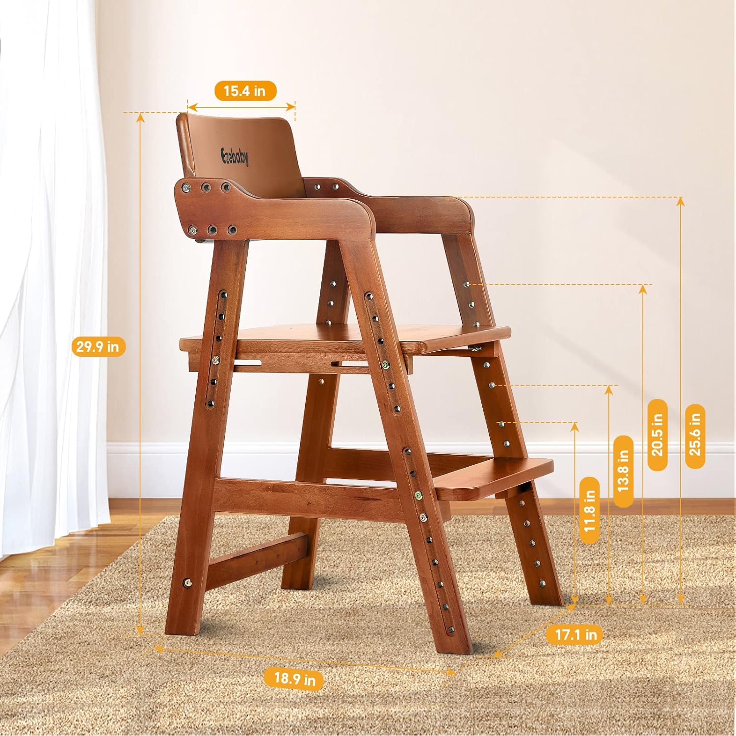 Ezebaby Wooden High Chair for Toddlers to Teens, Adjustable Kids Study & Dining Chair with Steps