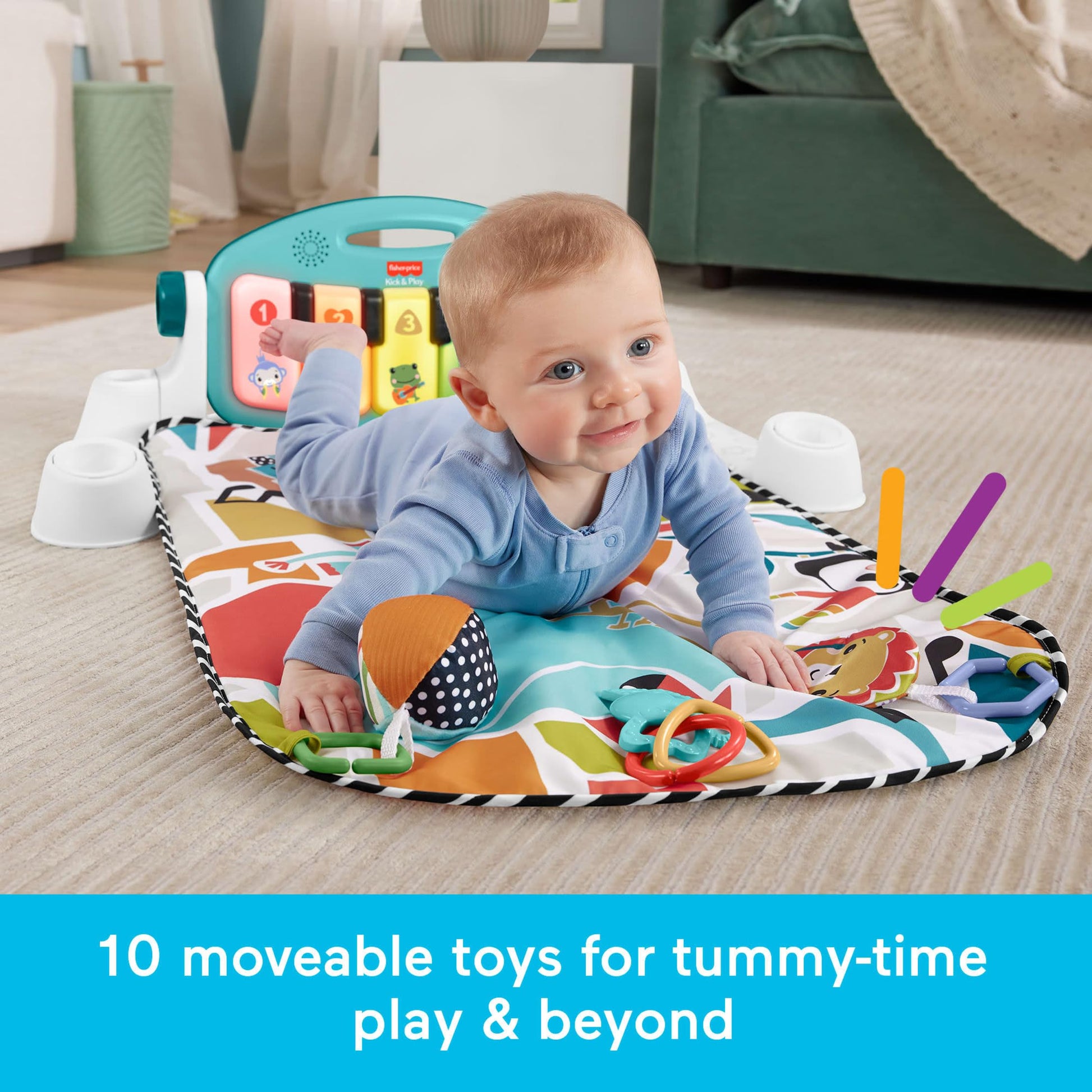 Fisher-Price Baby Playmat Glow and Grow Kick & Play Piano Gym, Blue Musical Learning Toy with