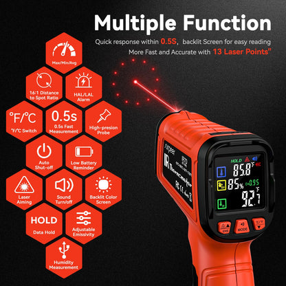 Infrared Thermometer Temperature Gun -58°F to 1796°, 16:1 Non Contact Laser Thermometer Gun with