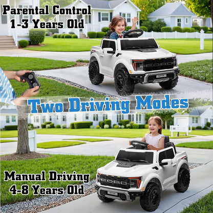 12V Ride on Car Licensed Ford F-150 Raptor, Kids Electric Car with Remote Control, LED Light/Music/MP3, Truck Bed Storage, 3-Point Seat Belt (12V, White)