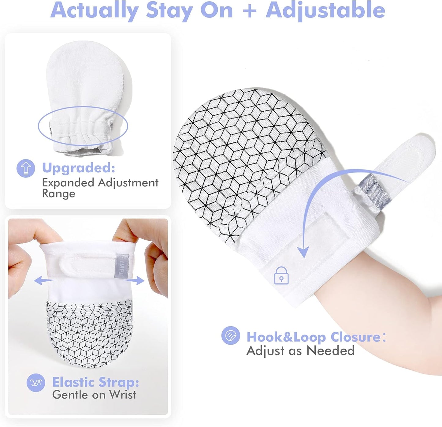 HAPIU Baby No Scratch Mittens Stay On, 100% Cotton Breathable, Adjustable Infant Gloves for Boys Girls, Newborn - 12 M