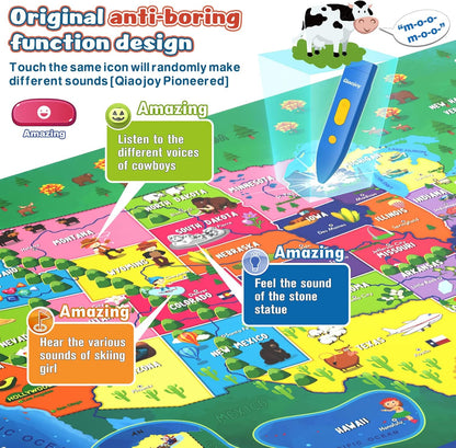 V2 Interactive Kids Map Bilingual United States Map for Kids Learning, Educational Talking USA Map Poster Geography Games Personalized Kids Toys for Boys & Girls Ages 3-12