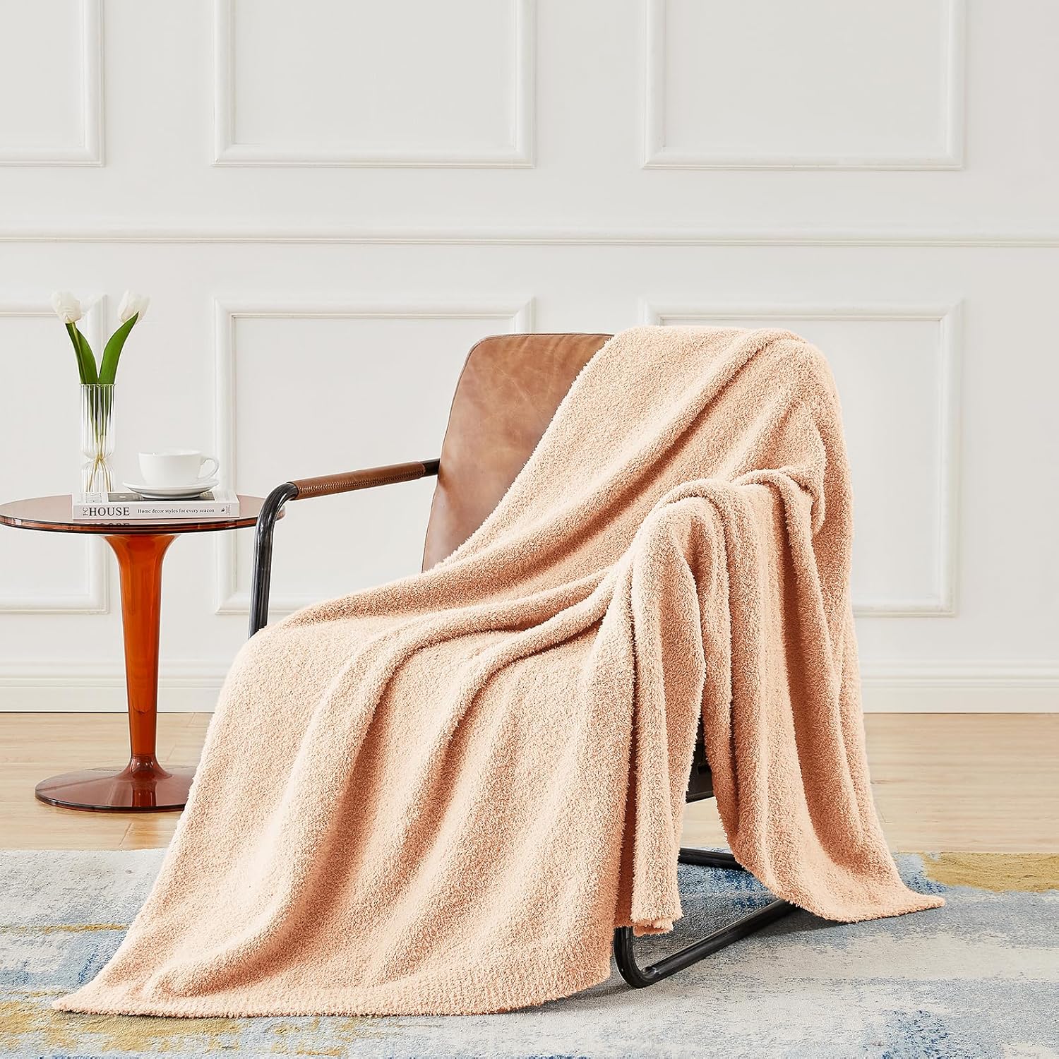 CYMULA Knit Throw Blanket for Peach Pink - Super Soft Lightweight Plush Fuzzy Fluffy Cozy Blankets