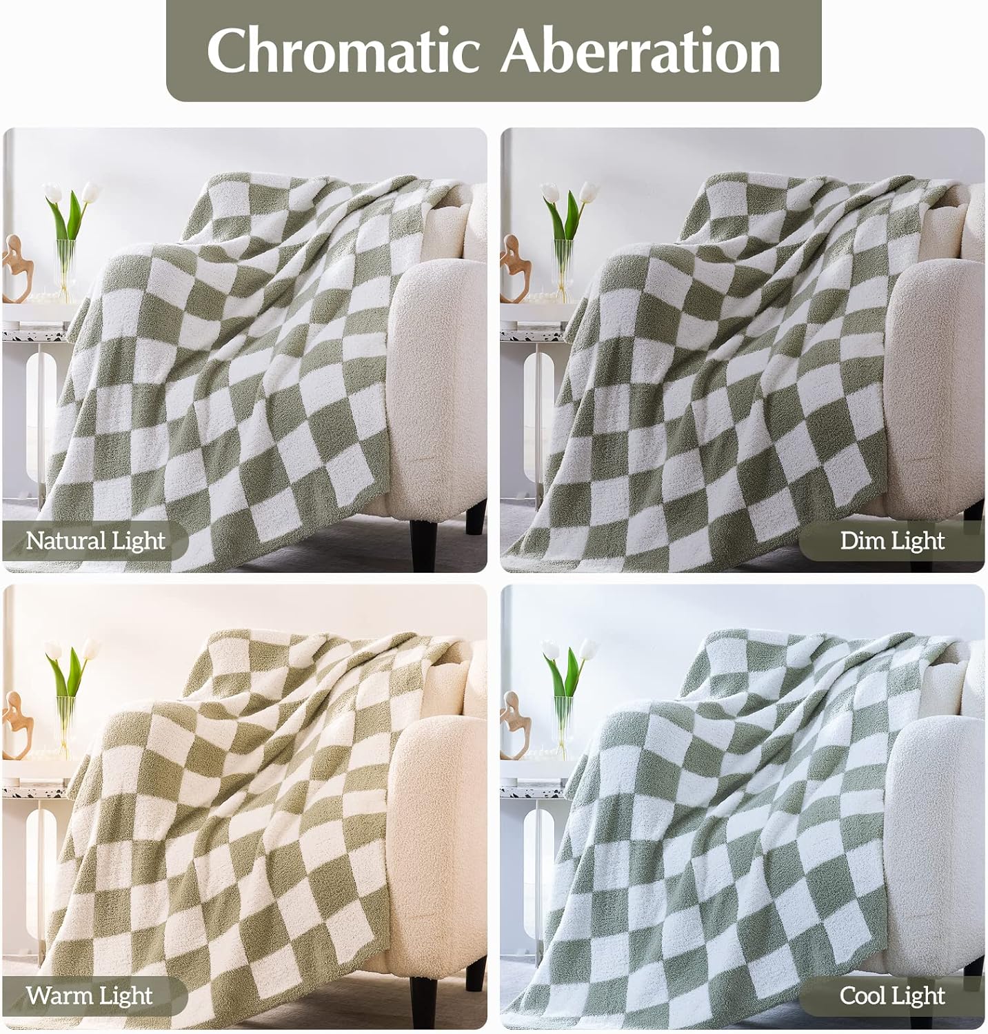 WRENSONGE Checkered Throw Blanket, Sage Green Soft Cozy Fluffy Hand Made Throw Blankets for Couch