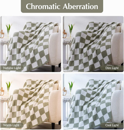 WRENSONGE Checkered Throw Blanket, Sage Green Soft Cozy Fluffy Hand Made Throw Blankets for Couch