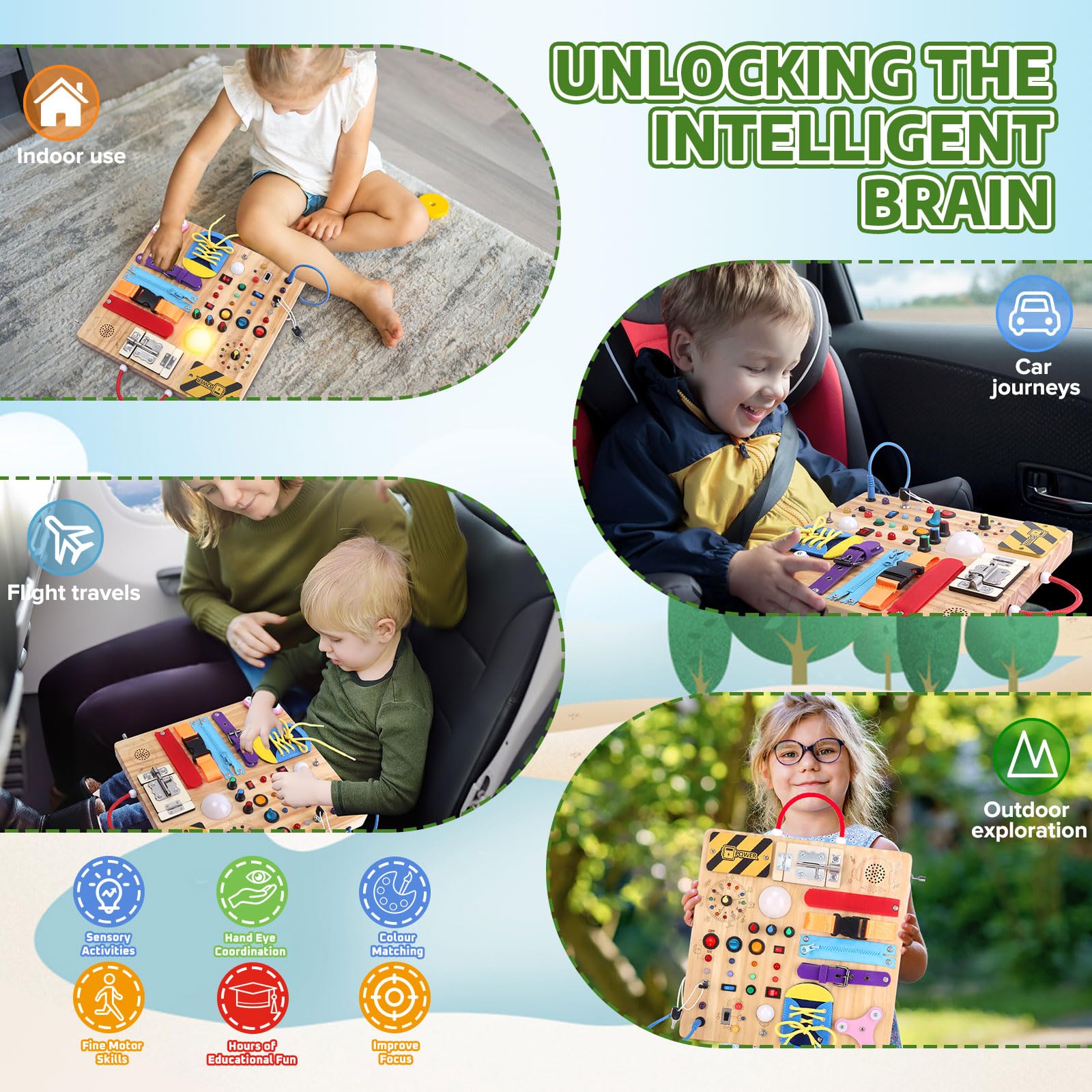 23-in-1 Montessori Busy Board with LED Lights Educational Wooden Activity Toy for Toddlers Ages