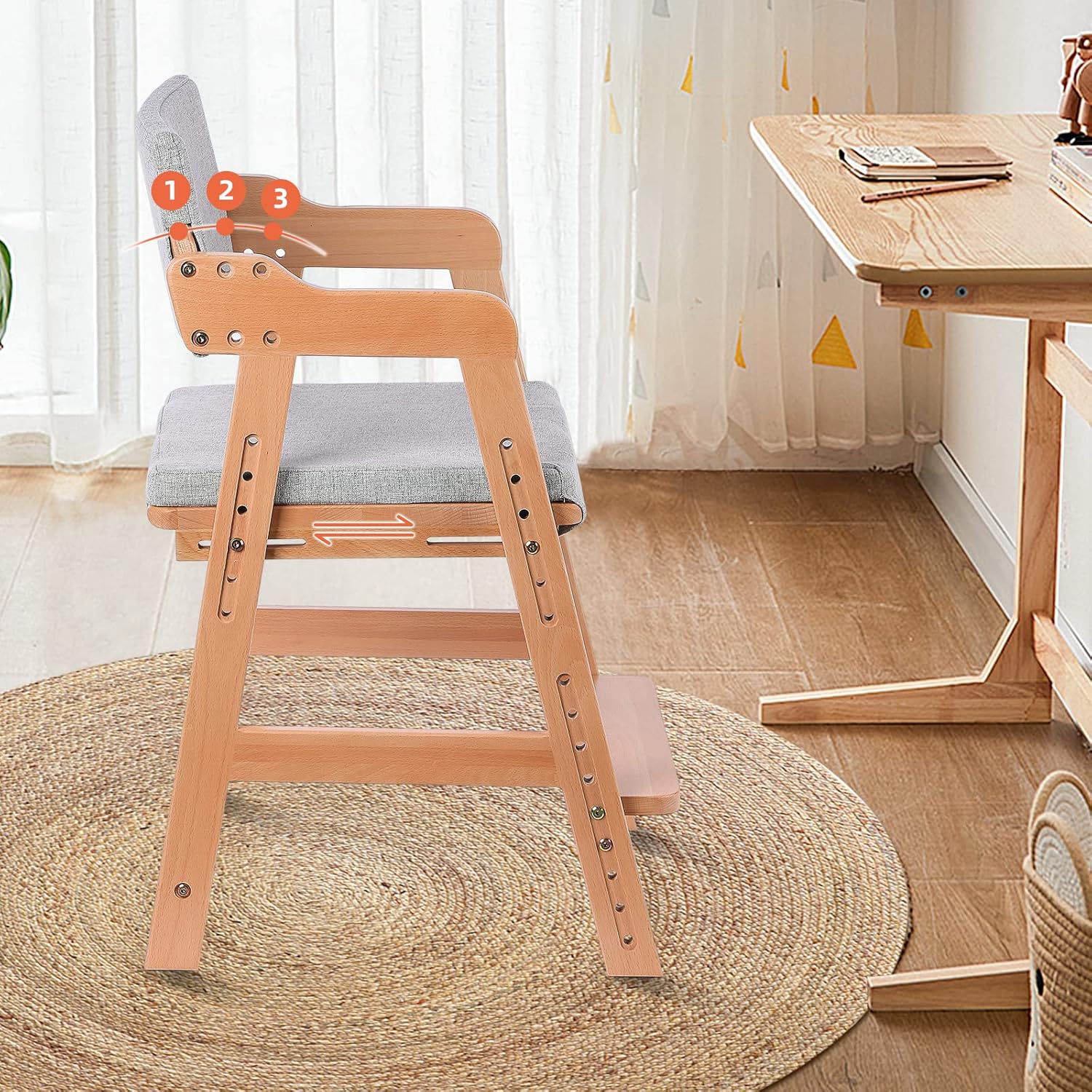 Ezebaby Wooden High Chair, Adjustable Highchair for Toddlers to Teens with Steps, Kids Dining