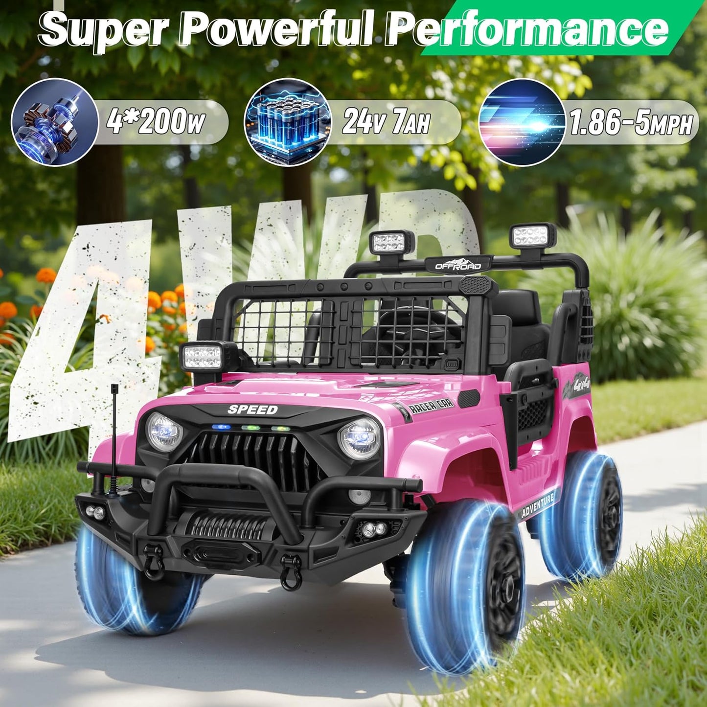 2 Seater Ride On Car Truck with Remote Control XL, Kids 24V Battery Powered Electric Vihicle w/21 in Seat, 3 Speeds, 2WD/4WD Switichable, Shock Absorbers,Bluetooth, Flower, Gift Choice