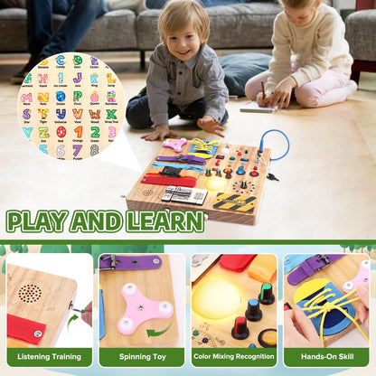 23-in-1 Montessori Busy Board with LED Lights Educational Wooden Activity Toy for Toddlers Ages