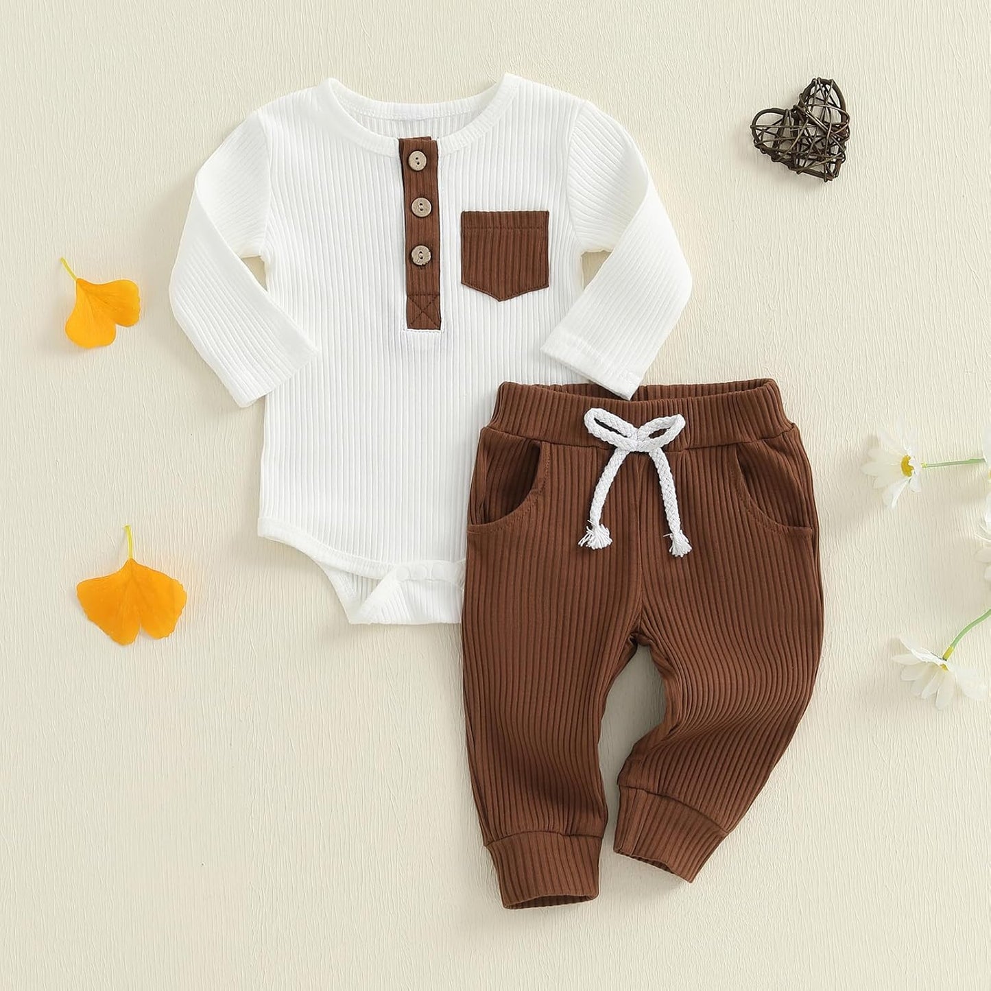 fhutpw Baby Boy Clothes 3 6 12 18 Months Ribbed Knitted Long Sleeve Romper and Pants Sets Newborn Fall Splicing Color Outfits