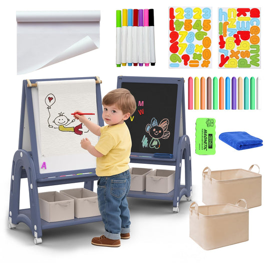 hoopyosms Art Easel for Kids 2-4 with Wheels, Whiteboard, Chalkboard & Paper Roll Adjustable Height