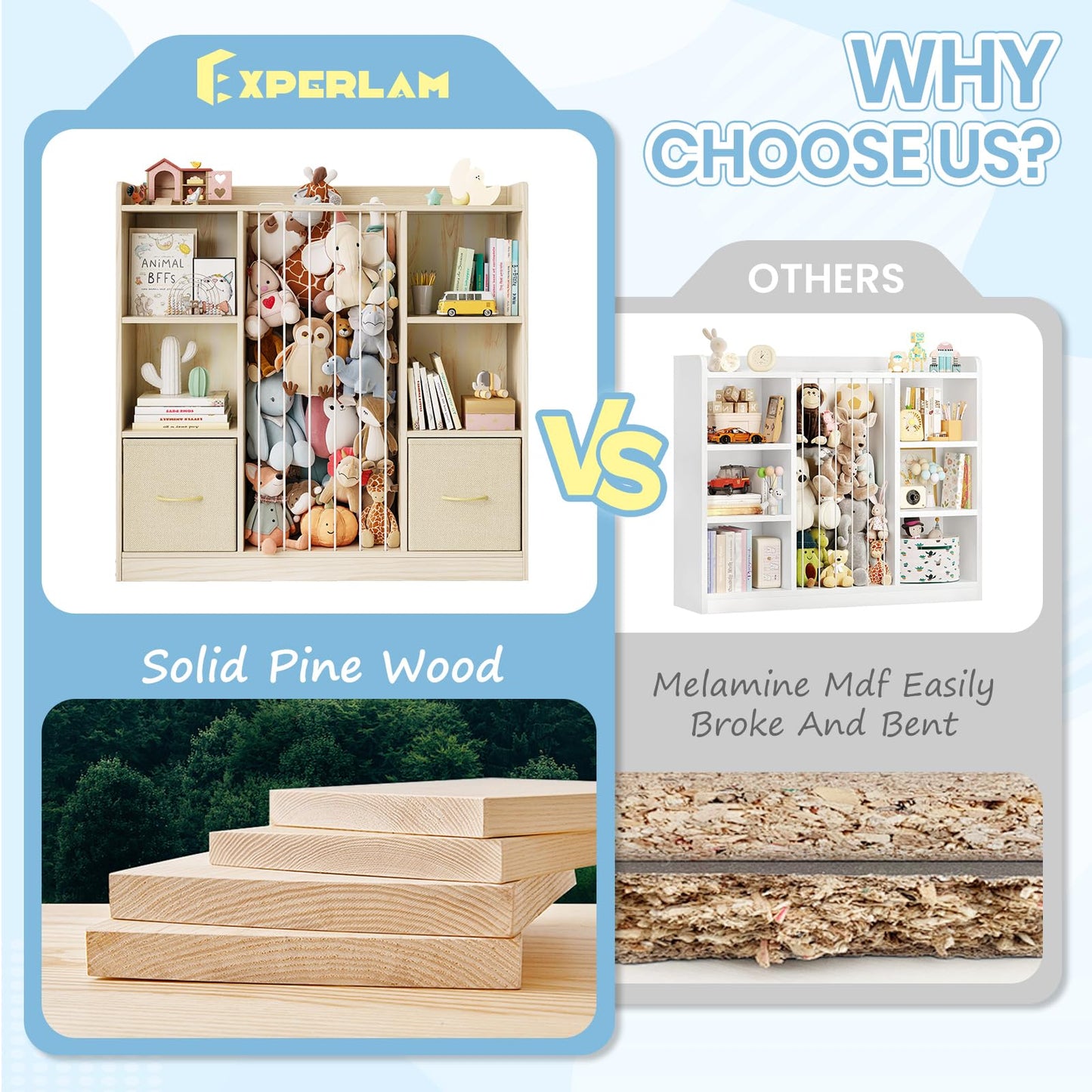 EXPERLAM 4-in-1 Toy Storage Organizer with Stuffed Animal Storage, Solid Pine Kids Bookshelf and