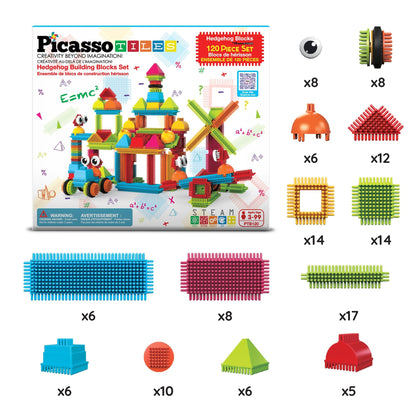 PicassoTiles 120pcs Hedgehog Interlocking Building Blocks Tiles Construction Toy Set Learning