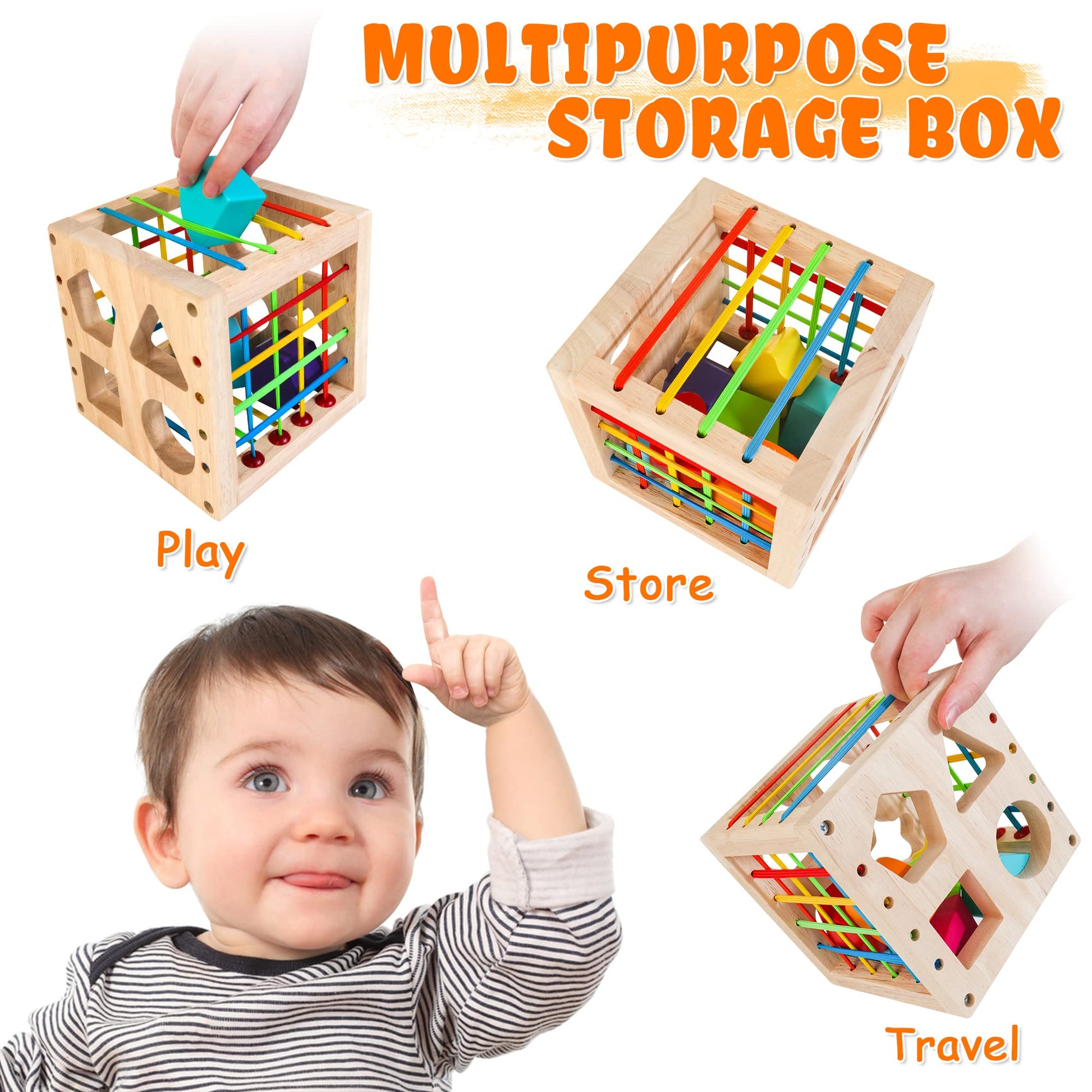 HELLOWOOD Montessori Toys for 1+ Year Old, Wooden Sorter Cube with 8pcs Rattling Shapes