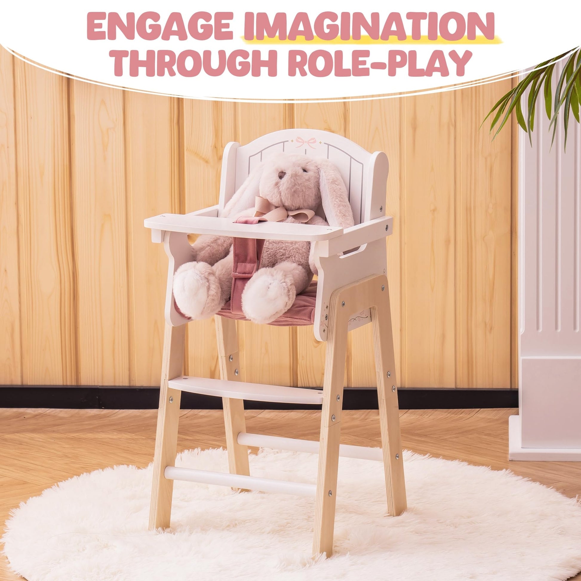 ROBOTIME Wooden Baby Doll High Chair for 18 Inch Dolls, Pink