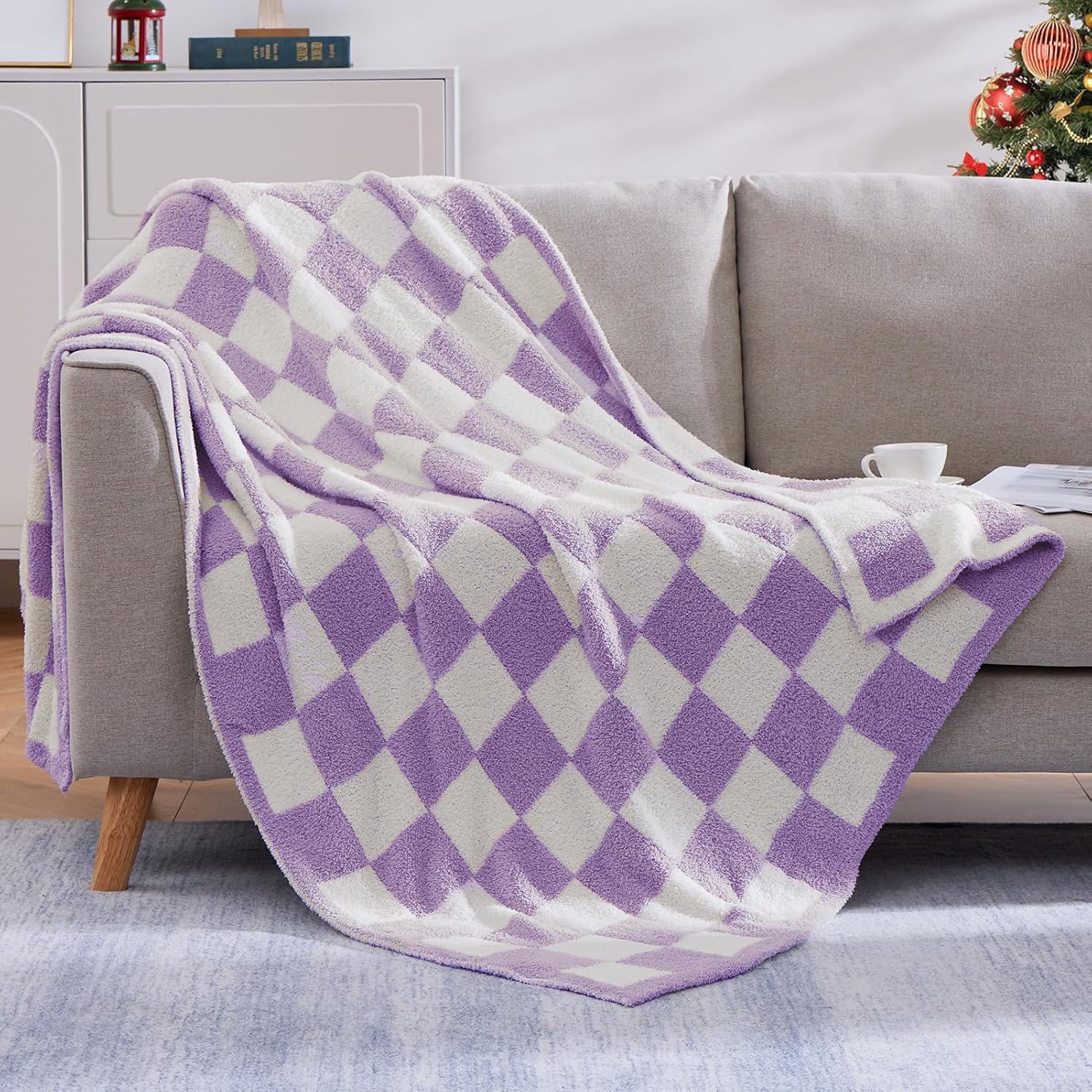 WRENSONGE Checkered Throw Blanket, Purple Soft Cozy Fluffy Warm Hand Made Throw Blankets for Couch