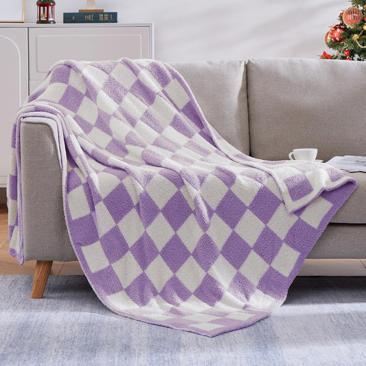 WRENSONGE Checkered Throw Blanket, Purple Soft Cozy Fluffy Warm Hand Made Throw Blankets for Couch