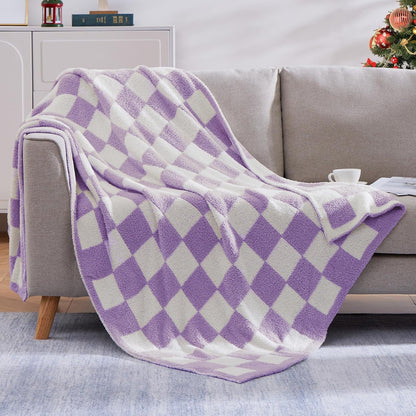 WRENSONGE Checkered Throw Blanket, Purple Soft Cozy Fluffy Warm Hand Made Throw Blankets for Couch