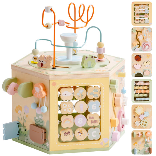 ROBOTIME Wooden Activity Cube for Toddlers, 13 in 1 Montessori Baby Activity Cube, Baby Play Cube