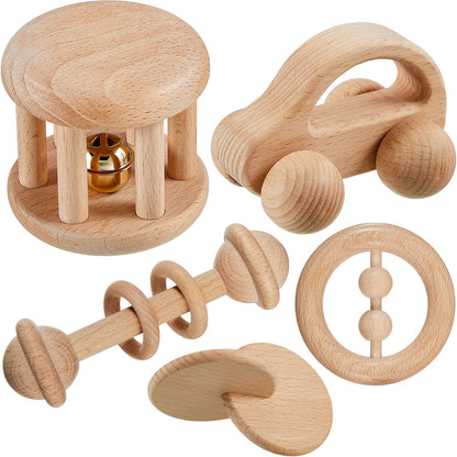 Zhanmai 5 Pcs Wooden Baby Toys Montessori Toys for 0-6-12 Months Sensory Baby Rattles with Bells