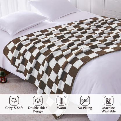 WRENSONGE Checkered Throw Blanket, Coffee Soft Cozy Fluffy Warm Hand Made Throw Blankets for Couch