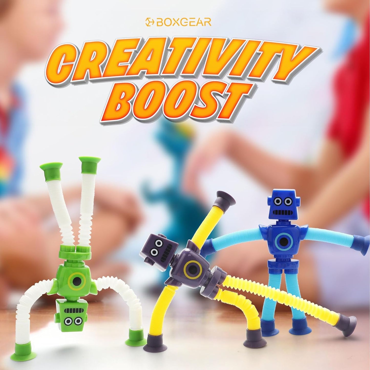 Boxgear 4 Pieces LED Shape Changing Robot Toy, Telescopic Pop Tubes Fidget Toys, Sensory Toys for Girls Boys (Robot)