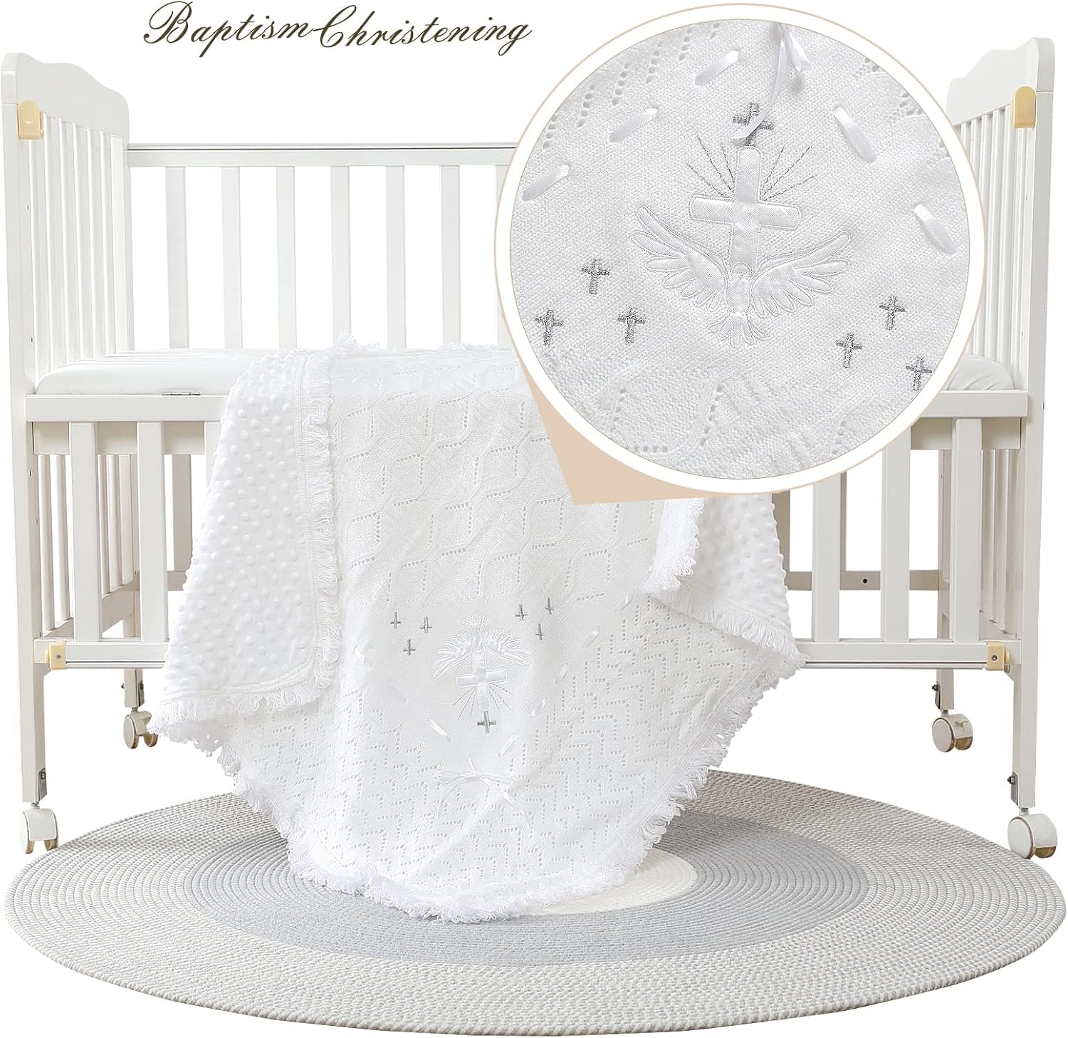 Booulfi Baby Christening Blanket Newborn White Baby Blanket Shawl Neutral Knitted Baptism Blankets