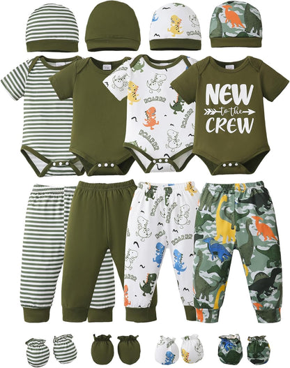 NZRVAWS Newborn Baby Boy Girl Clothes Unisex Infant Romper Pants Set Hat 4-Pack Outfits 0-12 Months 16 Pieces Toddler