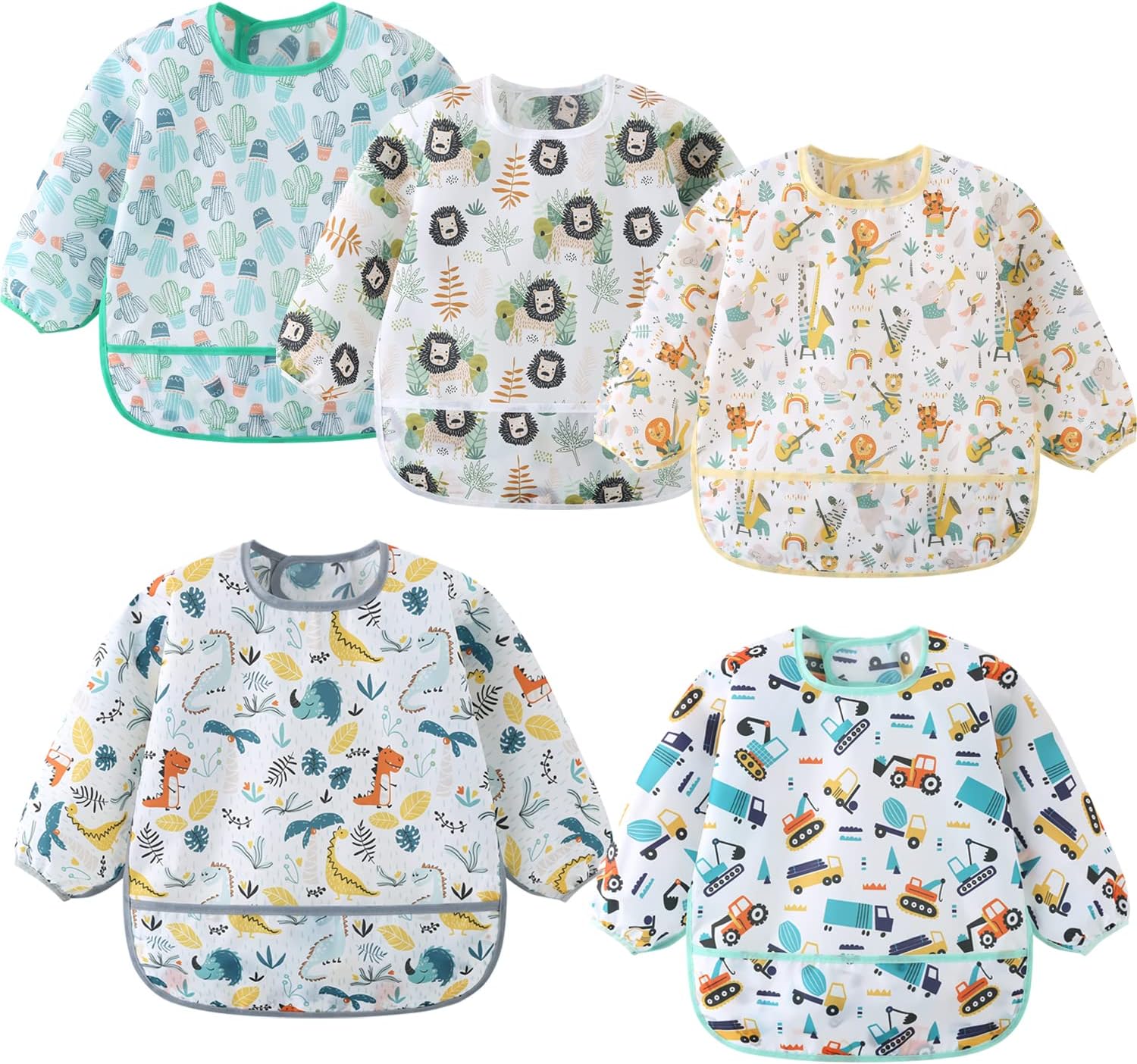5 Pack Long Sleeve Bib,Baby Toddler Waterproof Sleeved Bib for 6-30 Months Reusable with Catch-all