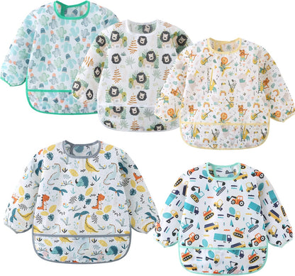 5 Pack Long Sleeve Bib,Baby Toddler Waterproof Sleeved Bib for 6-30 Months Reusable with Catch-all