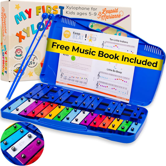 Leopold & Marianne | Xylophone for Kids Ages 5-9 | Kids Musical Instrument | Glockenspiel 25 Notes Chromatic | Color Metal Keys | Music Book Included, Play-Along Videos, Blue Carry Plastic Case