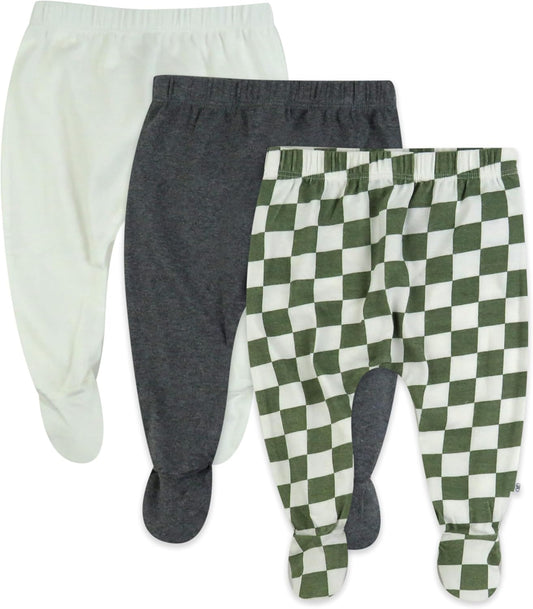 HonestBaby 3-pack Footed Pants Roomy Fit Pull on Bottoms 100% Organic Cotton for Infant Baby Boys, Girls, Unisex