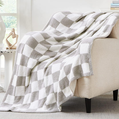 WRENSONGE Checkered Throw Blanket, Light Grey Soft Cozy Fluffy Warm Hand Made Throw Blankets for