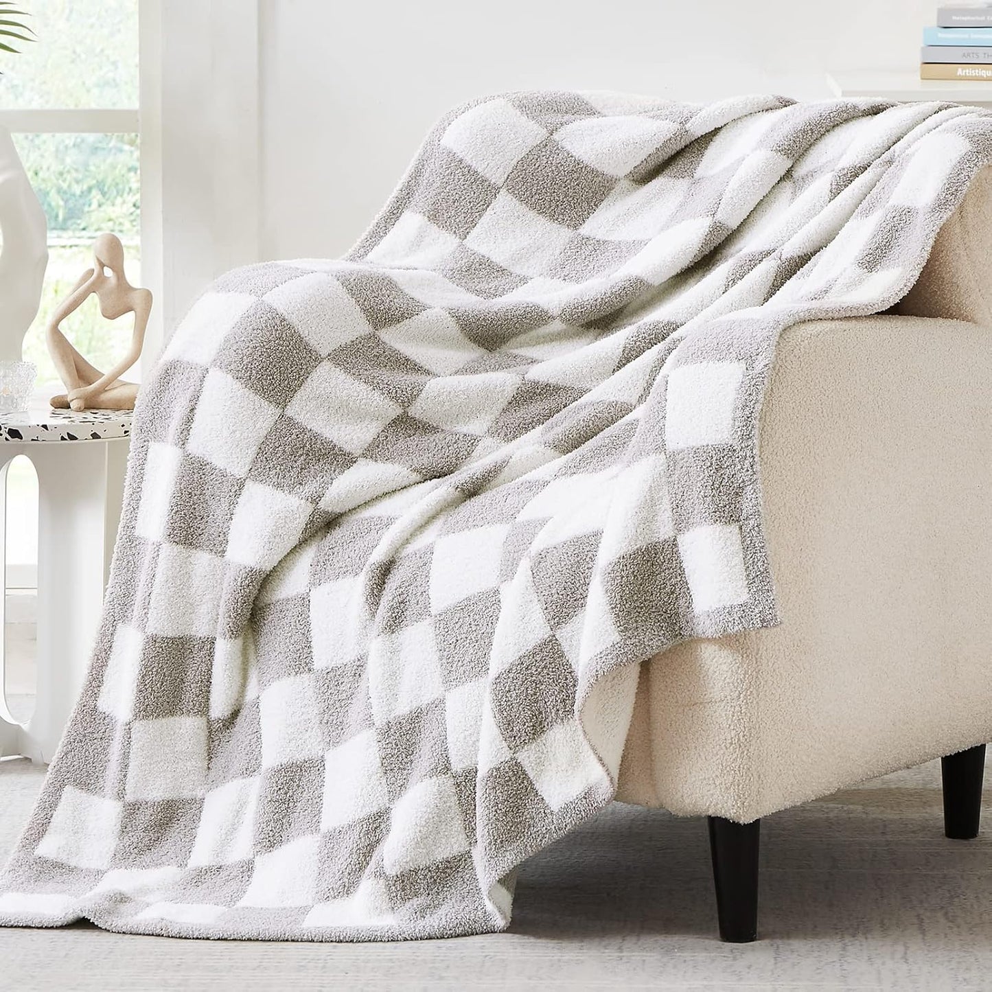WRENSONGE Checkered Throw Blanket, Light Grey Soft Cozy Fluffy Warm Hand Made Throw Blankets for