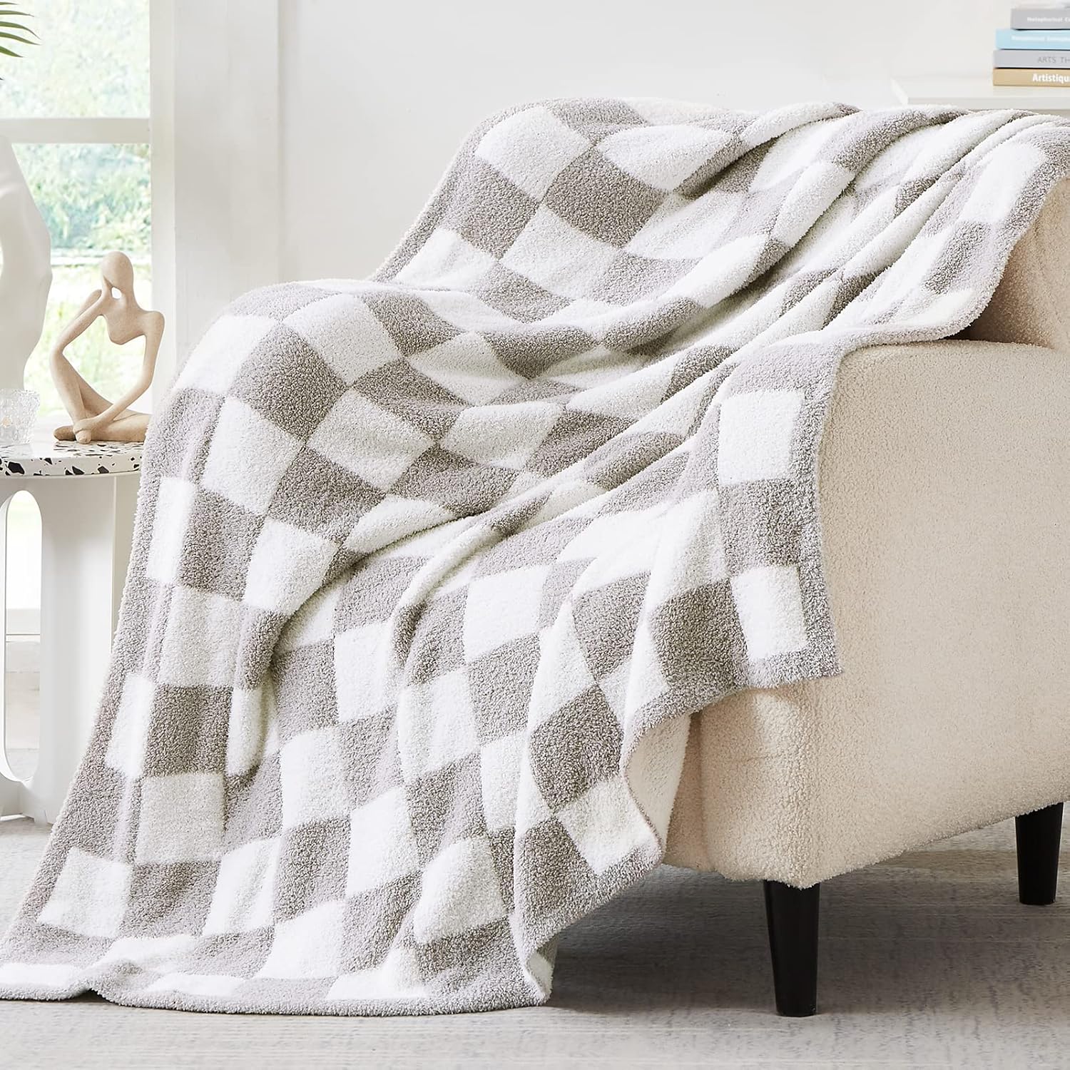 WRENSONGE Checkered Throw Blanket, Light Grey Soft Cozy Fluffy Warm Hand Made Throw Blankets for