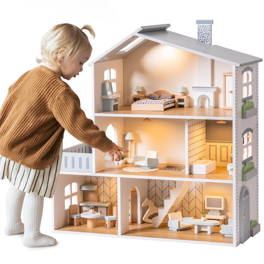 ROBOTIME Wooden Dollhouse, Wooden Doll House with 29 Pieces of Furniture, 6 Rooms Fits 4-6 Inch