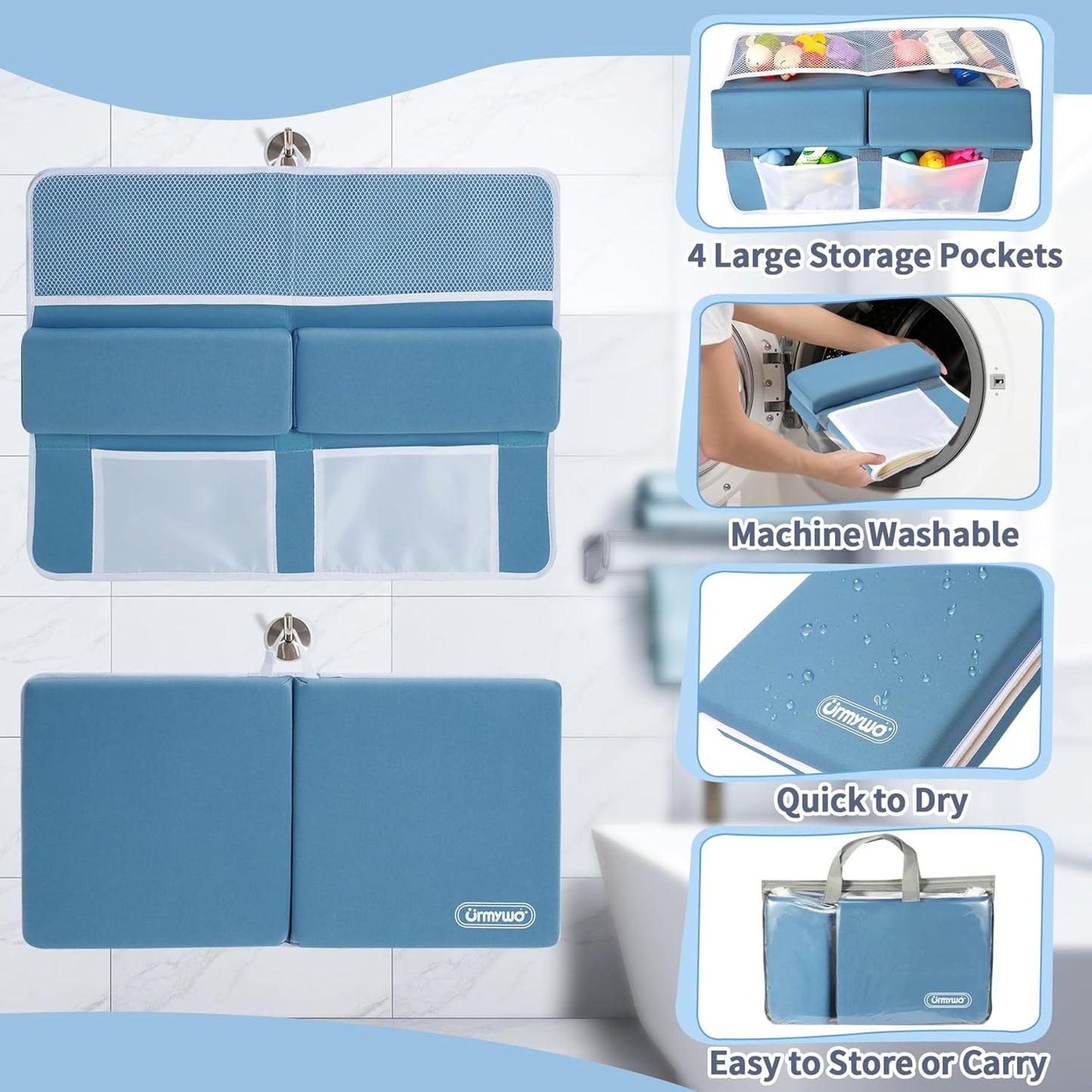 URMYWO Bath Kneeler and Elbow Rest Pad Set - 1.5" Thick Baby Bath Kneeler Pads with Toys Organizer
