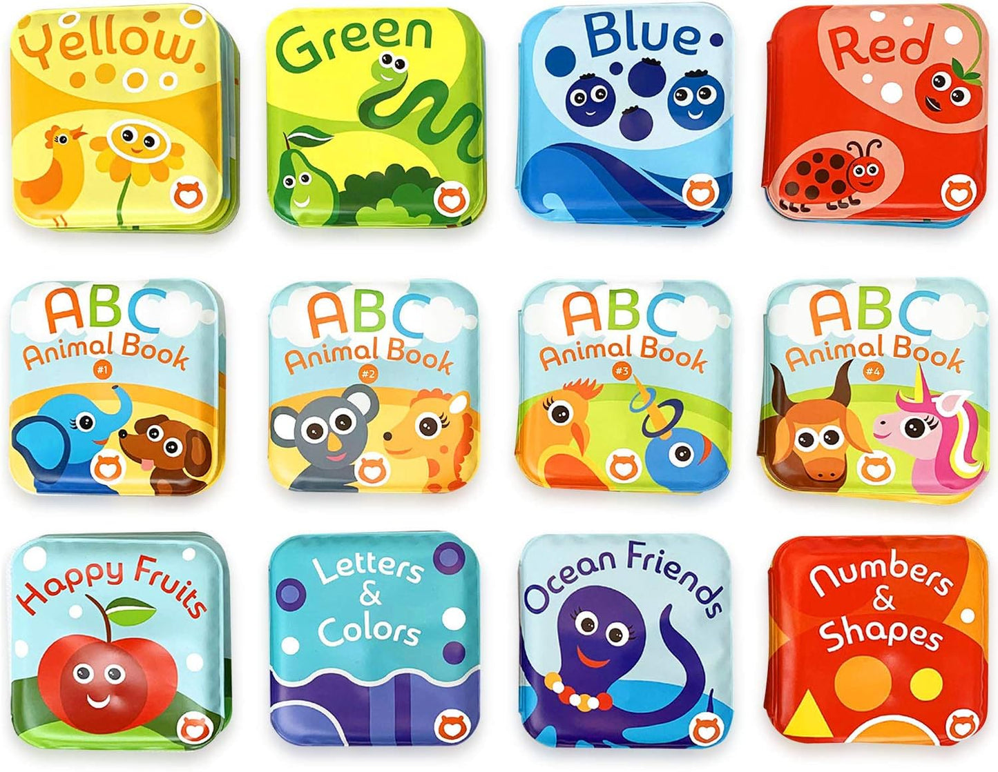 Super Bath Book Set of 12 (Fruits, Ocean Friends, ABC, Numbers Books; Color Recognition Bath Books