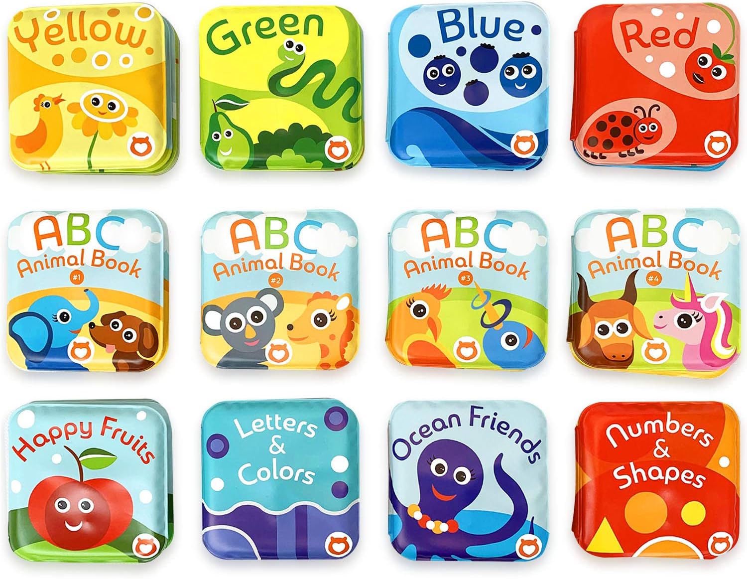 Super Bath Book Set of 12 (Fruits, Ocean Friends, ABC, Numbers Books; Color Recognition Bath Books