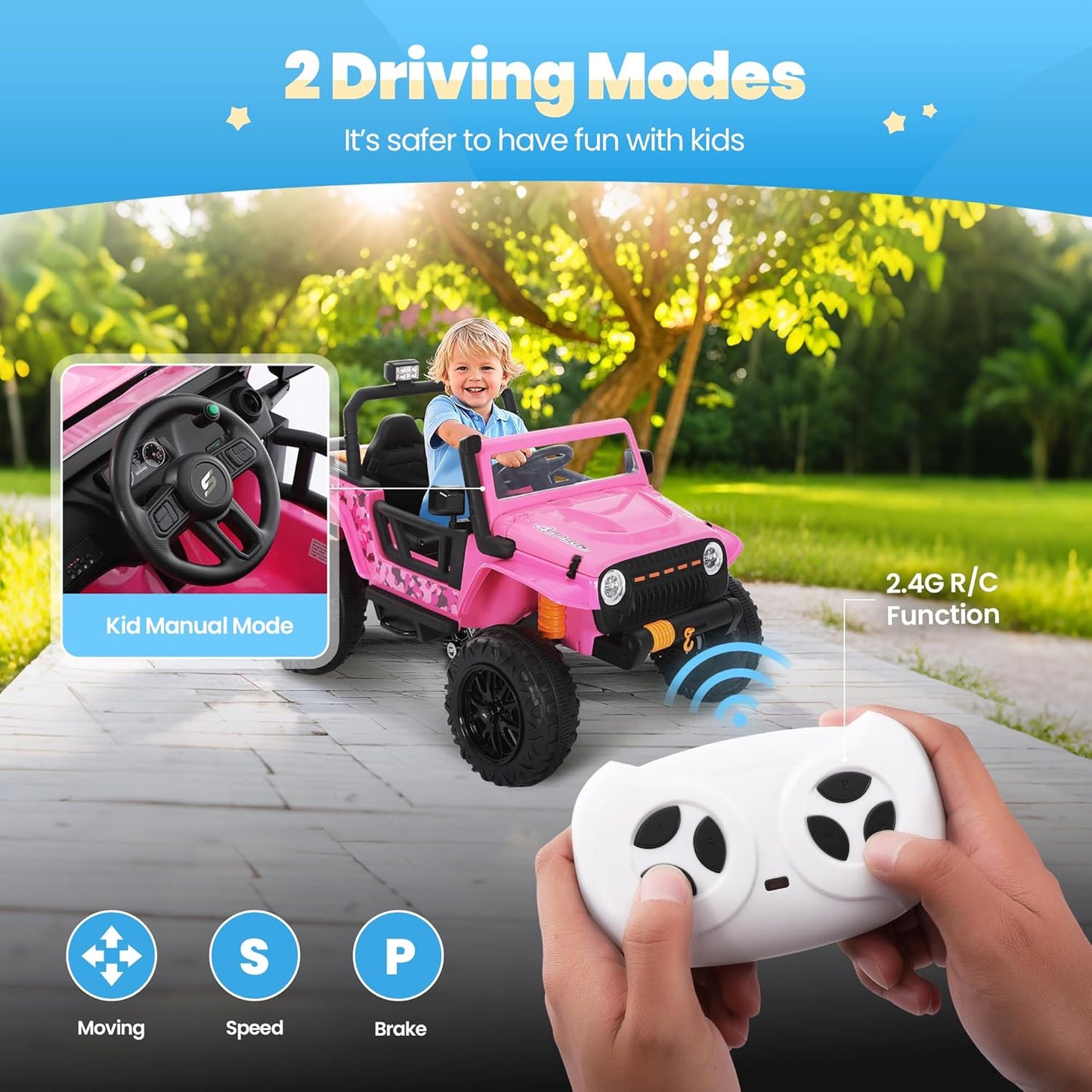 Toddler Ride On Truck Electric Car Kids Ride On Truck Car Ride on Toys for Kids Ages 3+ Large Battery Powerful Jeep with Remote Control 2 Speeds LED Light Horn Music Toddlers(Pink)