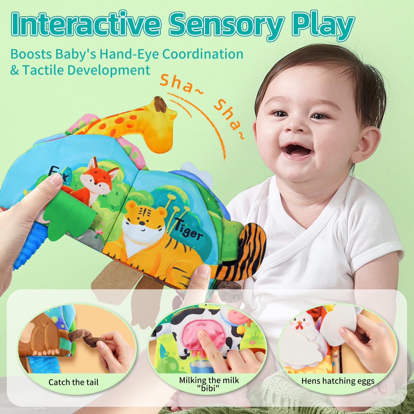 auby Baby Cloth Books, 3 Pack Soft Books for Babies 6M+, Travel Toy